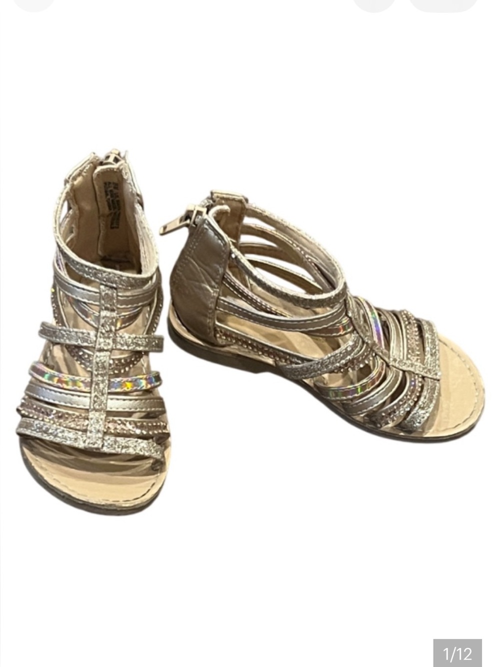 Olive & Edie Gladiator Style Shoes Girl’s Size 8 Strappy, Zipper, Gold, Sparkly